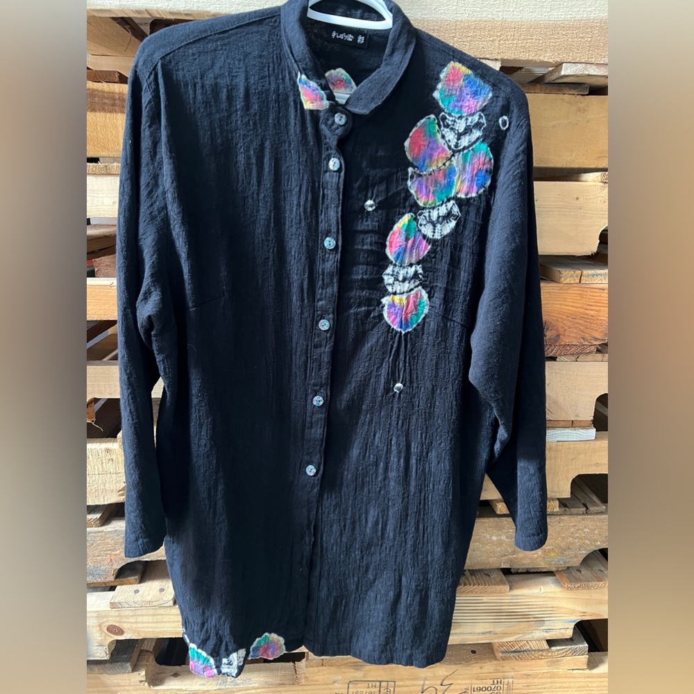 JAPANESE hand painted black baggy blouse. Sz M